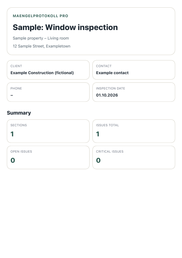 First page of the actual sample PDF with a fictional property and project summary