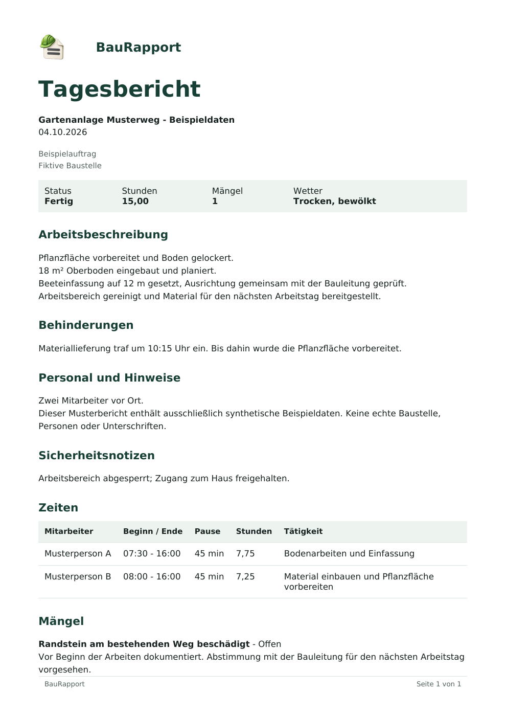 German sample report with work, time entries and an issue from the actual BauRapport export function