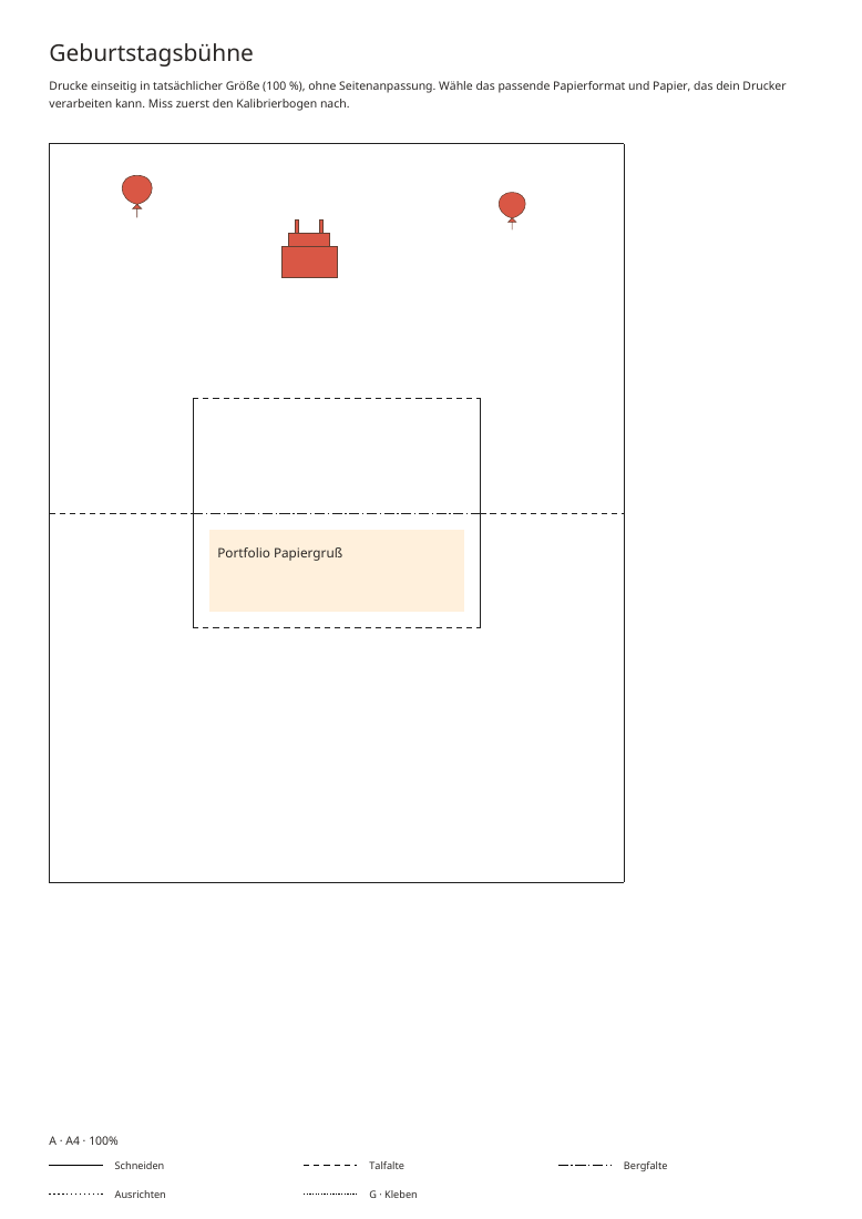 Rendered A4 PDF with cut and fold lines and the fictional name Portfolio Papiergruß