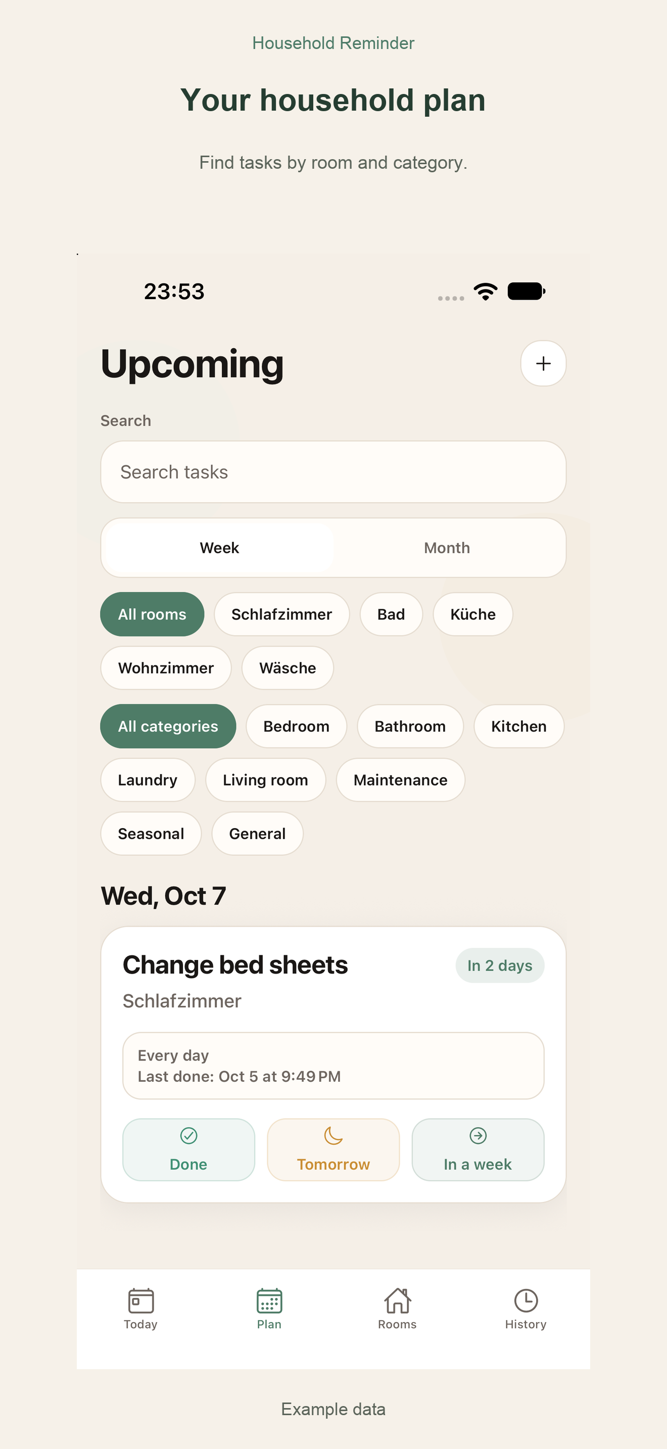 Household Reminder: Household plan with room and category filters