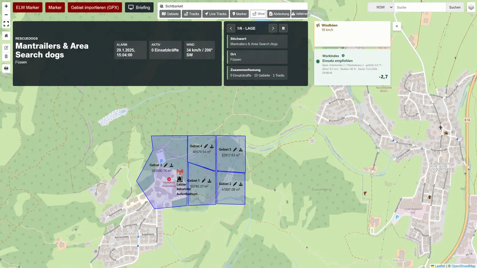 RescueDogs Einsatzmodul mit Einsatzkarte, Rückmeldungen und Live-Tracks