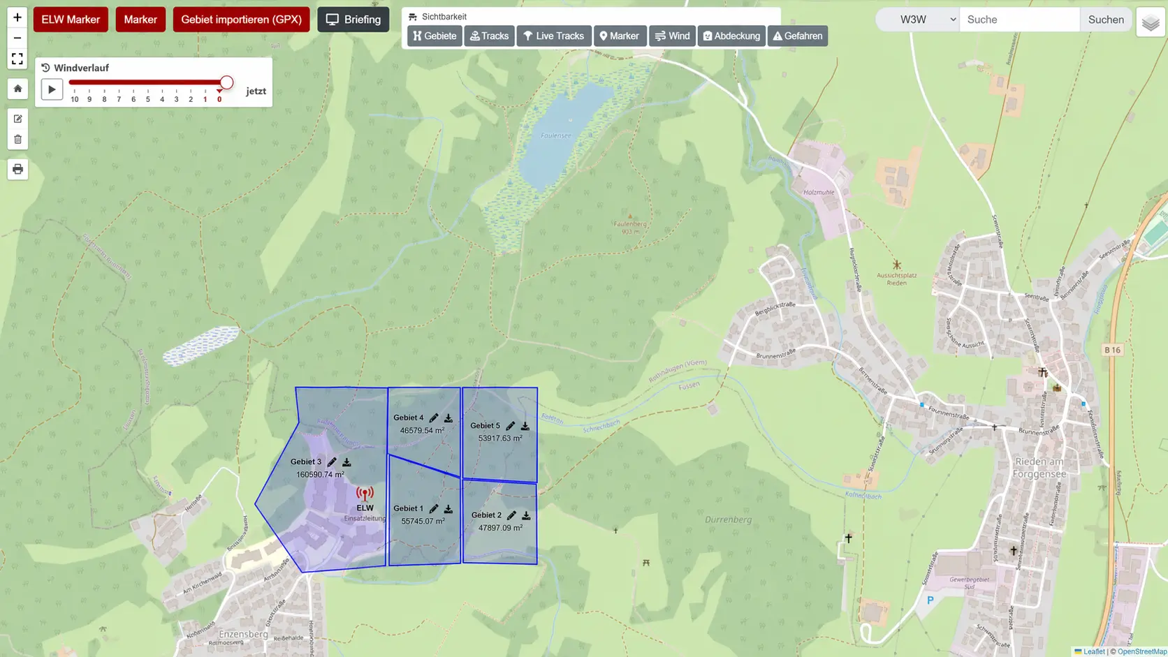 Einsatzkarte mit Suchgebieten, Markern, Wind und Team-Tracks