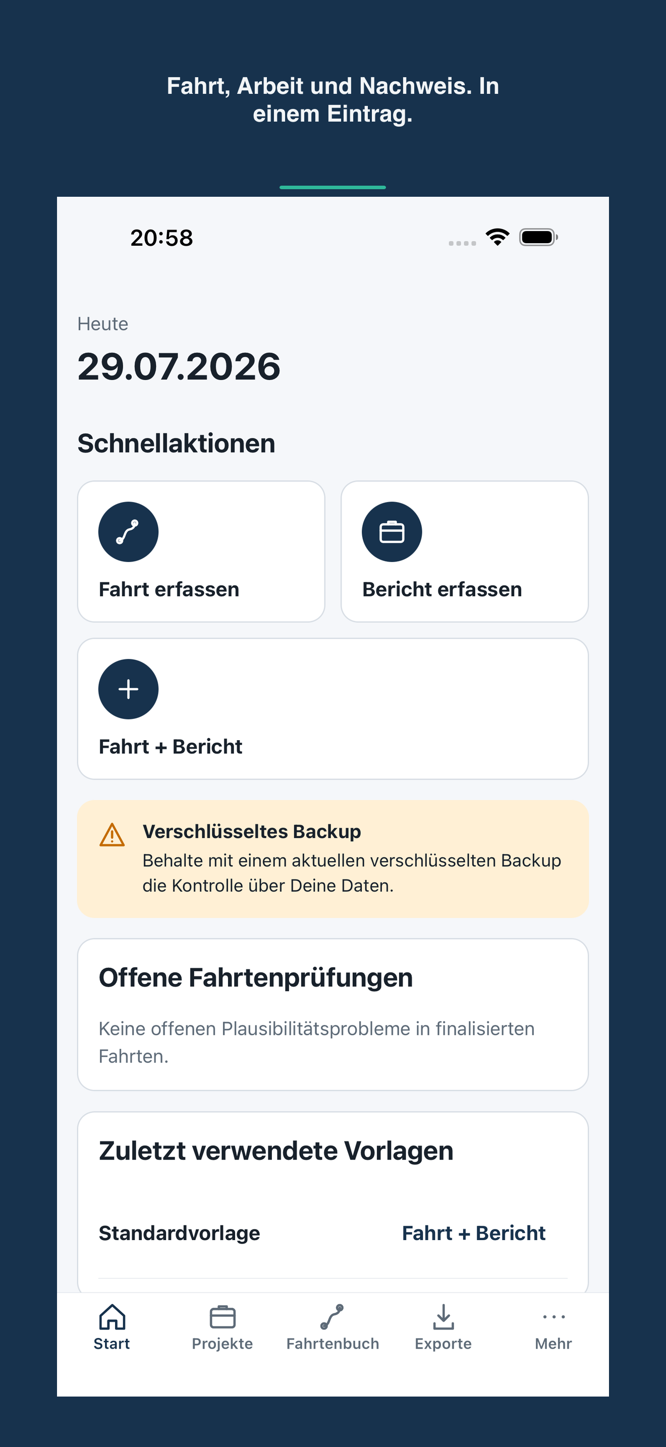 SoloRapport Startseite mit Schnellaktionen für Fahrt und Bericht