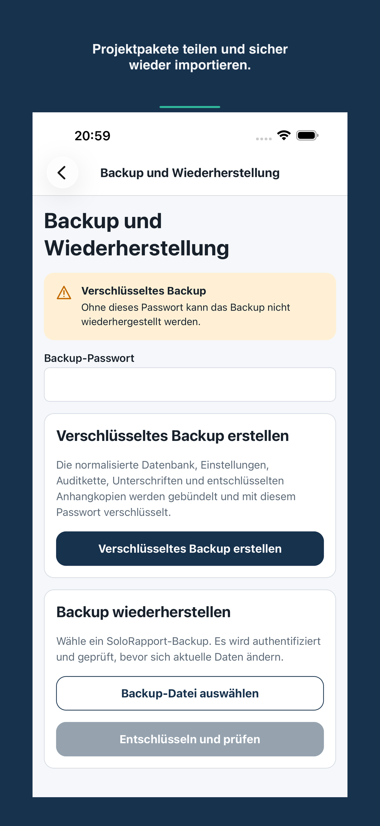 SoloRapport verschlüsseltes Backup und Wiederherstellung