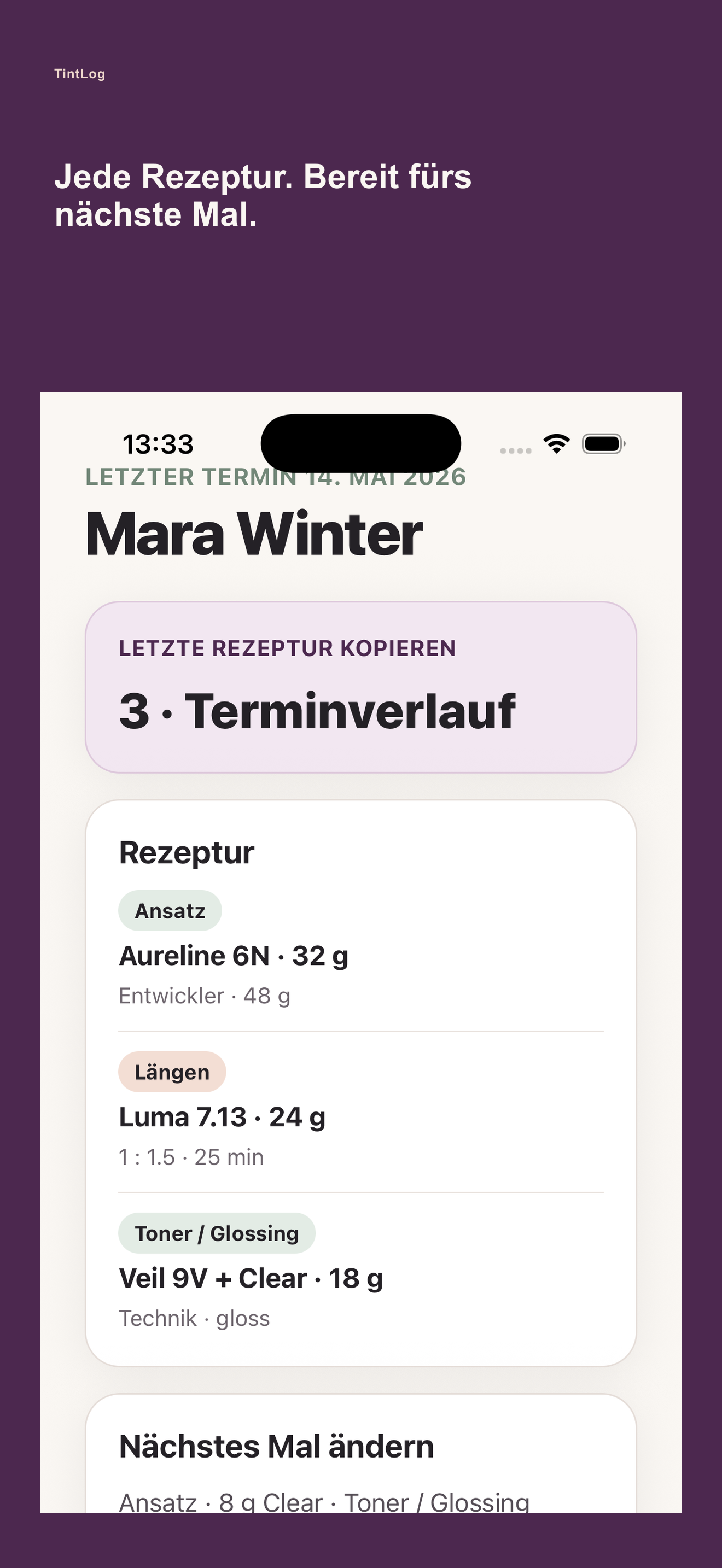 TintLog Kundenverlauf mit letzter Haarfarben-Rezeptur