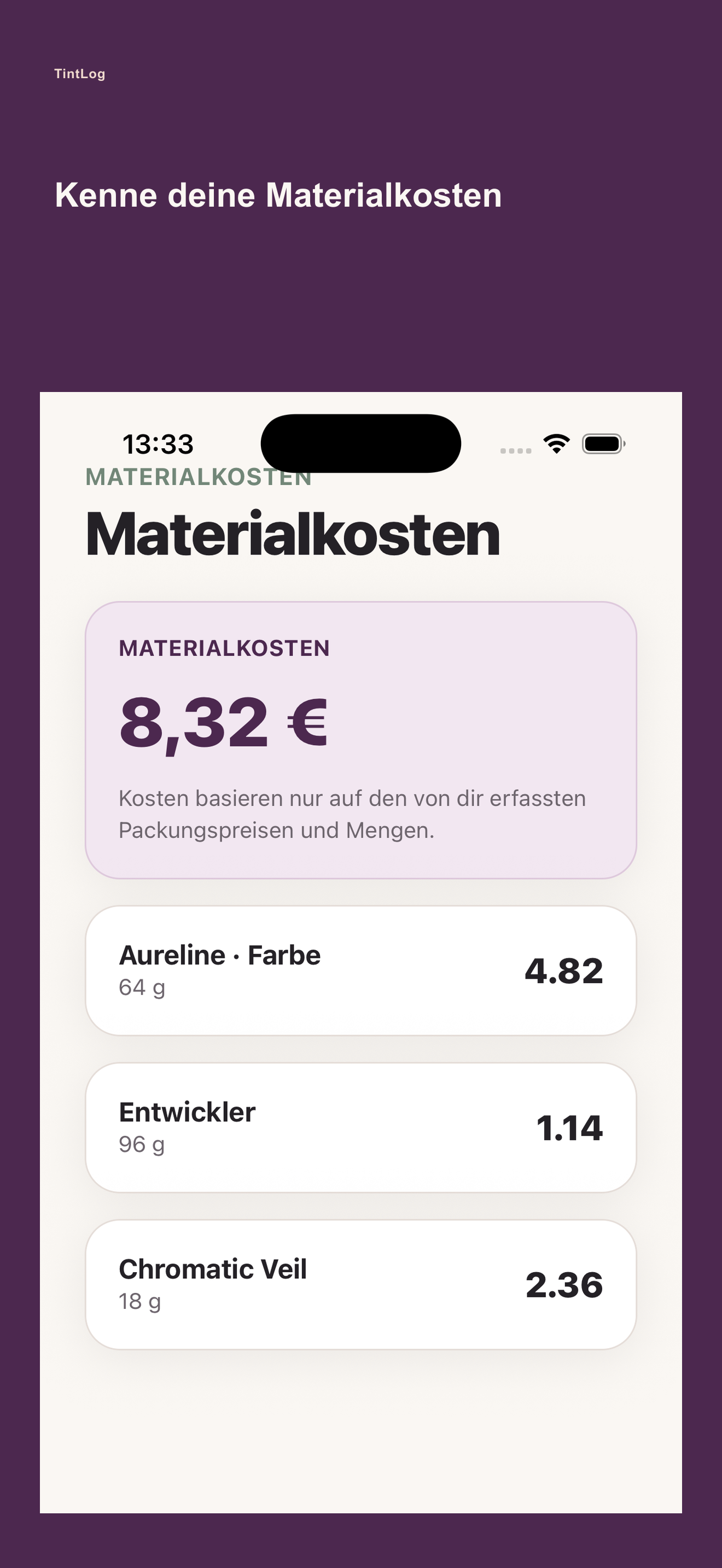 TintLog Materialkosten einer Haarfarben-Rezeptur