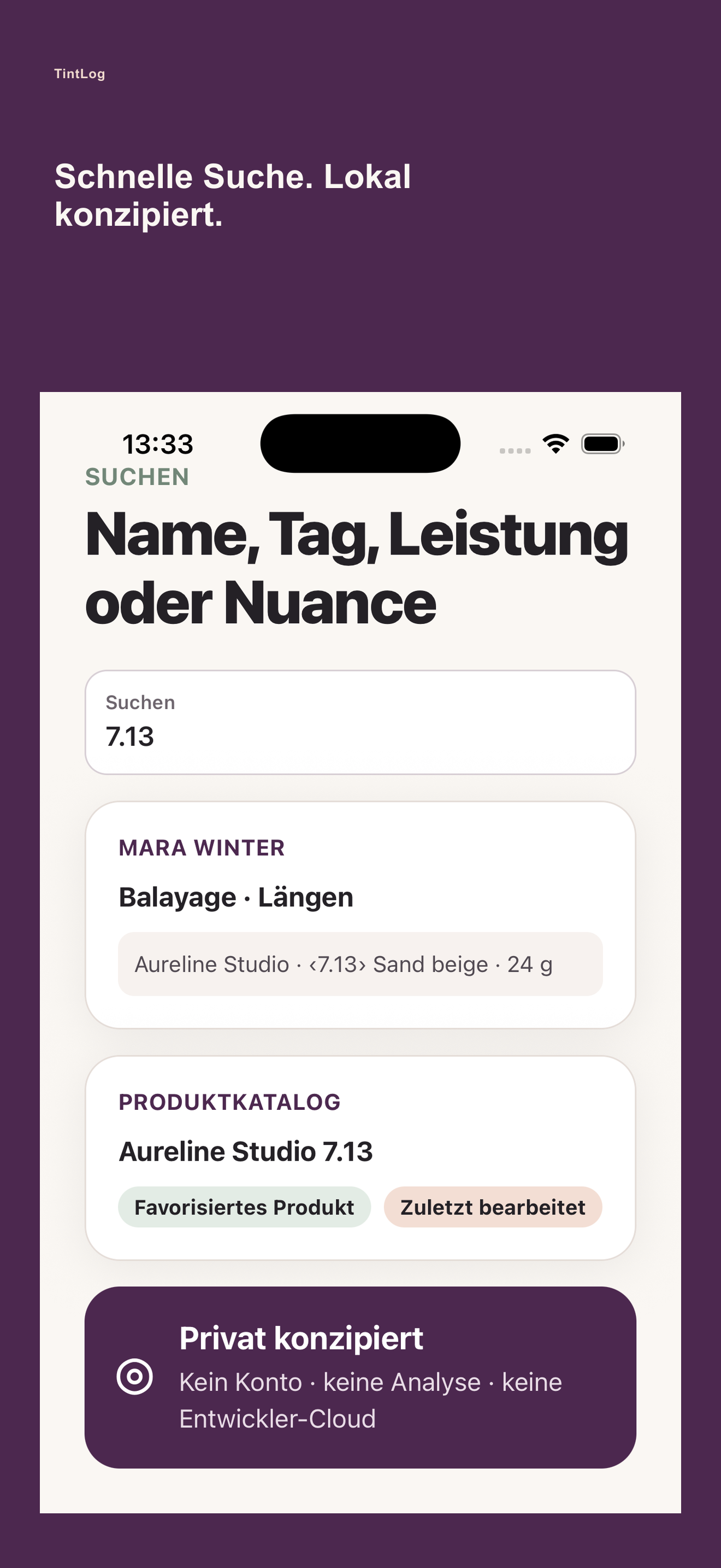 TintLog lokale Suche nach Kunden, Produkten und Nuancen