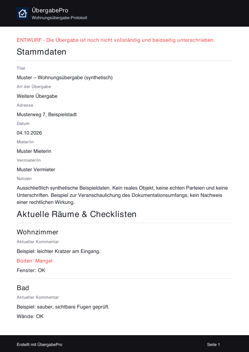 First page of the actual German sample PDF with synthetic room conditions